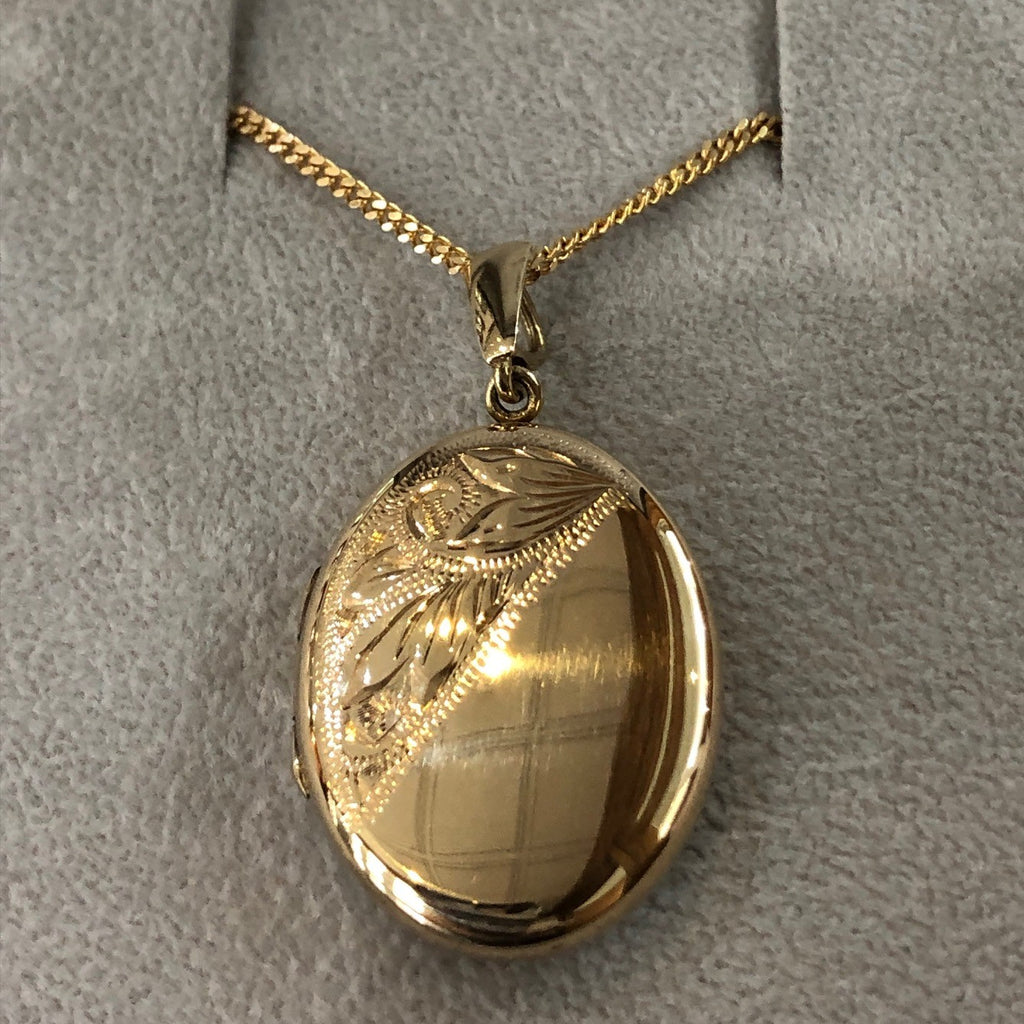 Gold Engraved Oval Locket and Chain